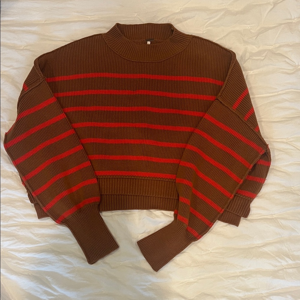 Free people Brown & Red Striped Cropped Knit Sweater - Women
